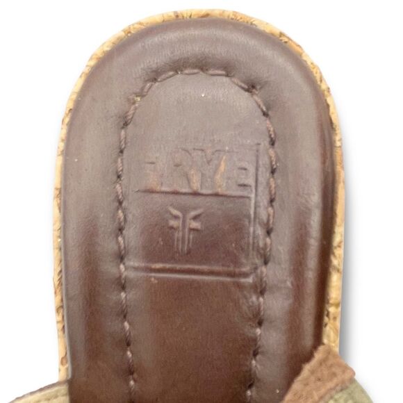 Frye Pepper Kiltie Wedge Sandals Sz 6 Brown Leather Canvas Cork Slingback Buckle - Picture 13 of 16